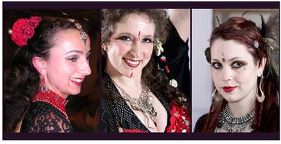 Photo collage of Margaret, Jeana, and Irina of Different Drummer Belly Dancers.