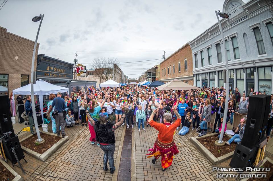 Different Drummer Belly Dancers performing the opening act at the first Columbus, Indiana Pride festival, Saturday, April 14, 2018.Photo by Keith Griner at Phierce Photo